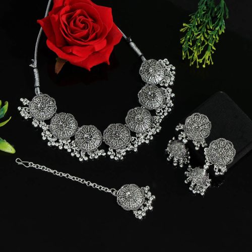 Silver Color Choker Oxidised Necklace Set