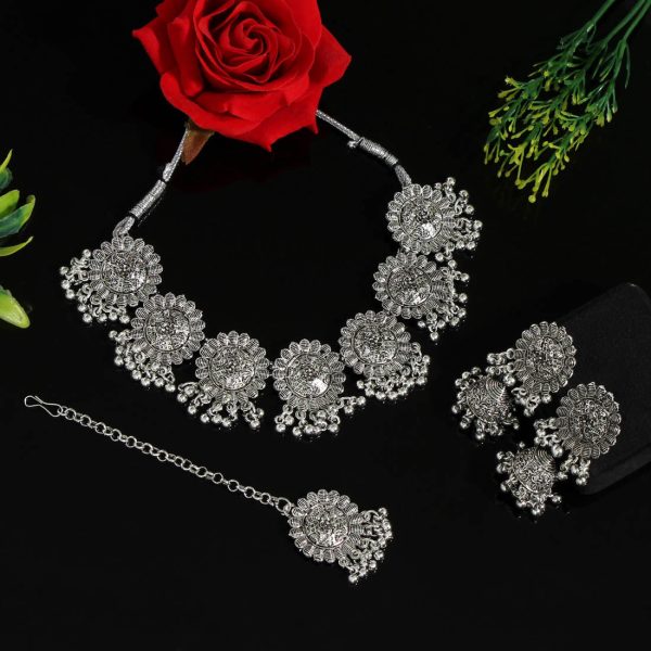 Silver Color Choker Oxidised Necklace Set-4739