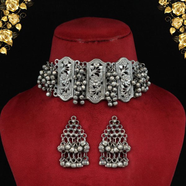 Silver Color Choker Oxidised Necklace Set-0