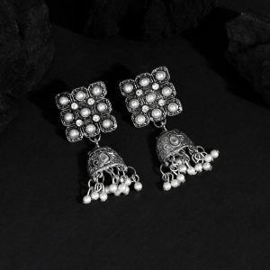Silver Color Glass Stone Oxidised Earrings-0