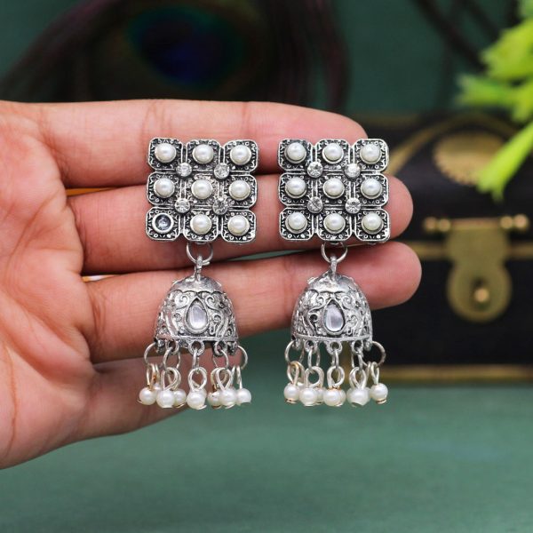 Silver Color Glass Stone Oxidised Earrings-12546