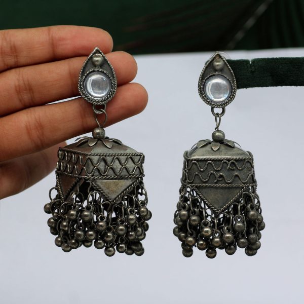 Silver Color Glass Stone Oxidised Earrings-12550