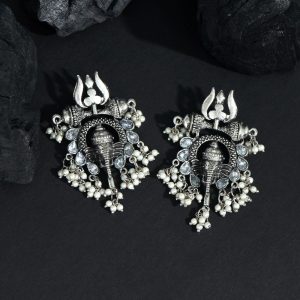 Silver Color Glass Stone Oxidised Earrings-0