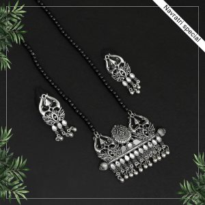 Silver Color Glass Stone Oxidised Necklace Set-0