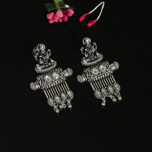 Silver Color Goddess Laxmi Temple Oxidised Earrings-0