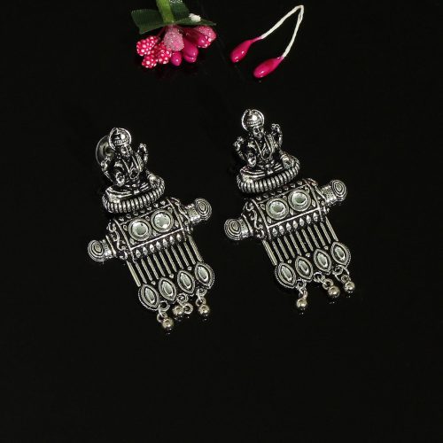 Silver Color Goddess Laxmi Temple Oxidised Earrings