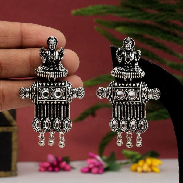 Silver Color Goddess Laxmi Temple Oxidised Earrings-3347