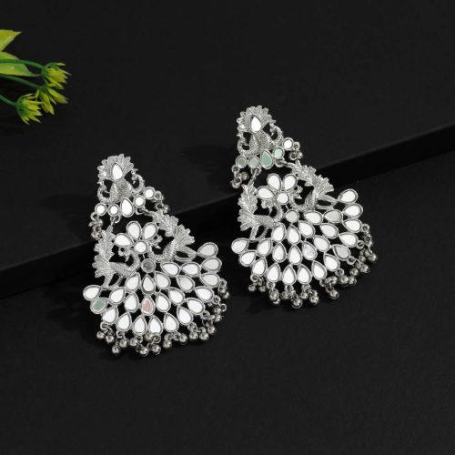 Silver Color Kundan Mirror Earrings