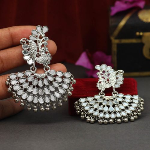 Silver Color Kundan Mirror Earrings