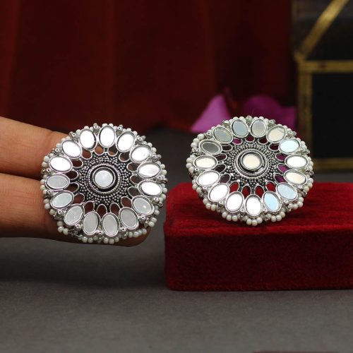 Silver Color Kundan Mirror Earrings