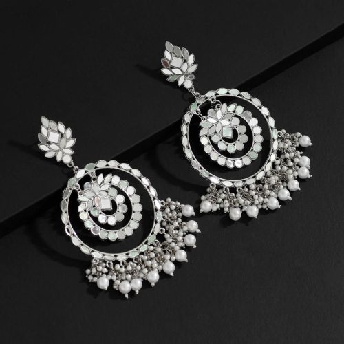 Silver Color Kundan Mirror Earrings