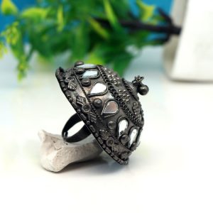 Silver Color Mirror Work Oxidised Ring-0