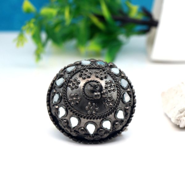 Silver Color Mirror Work Oxidised Ring-12580