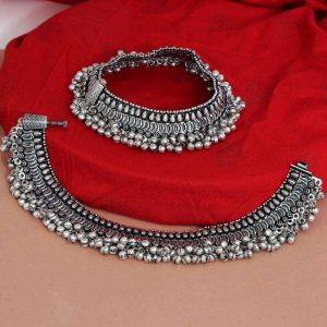 Silver Color Oxidised Anklets-0