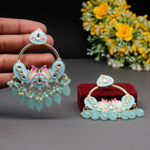 Sky Blue Color Hand Painted Kundan Meenakari Earrings