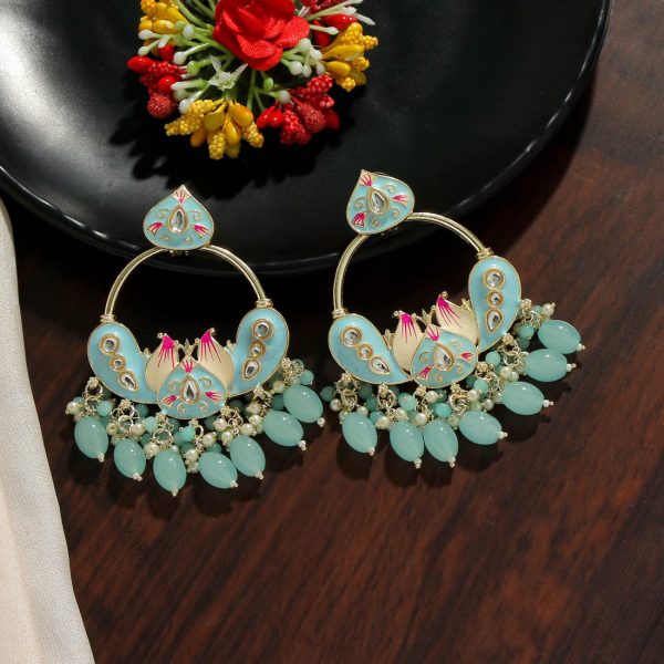 Sky Blue Color Hand Painted Kundan Meenakari Earrings-4925