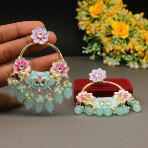 Sky Blue Color Hand Painted Kundan Meenakari Earrings-0