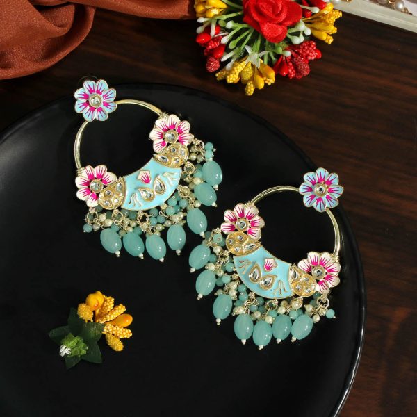 Sky Blue Color Hand Painted Kundan Meenakari Earrings-4929