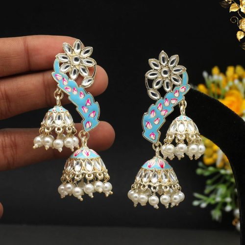 Sky Blue Color Kundan Meenakari Earrings