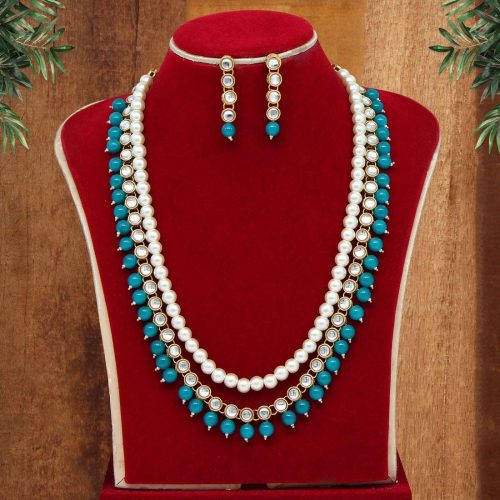 Teal Blue Color Kundan Necklace Set