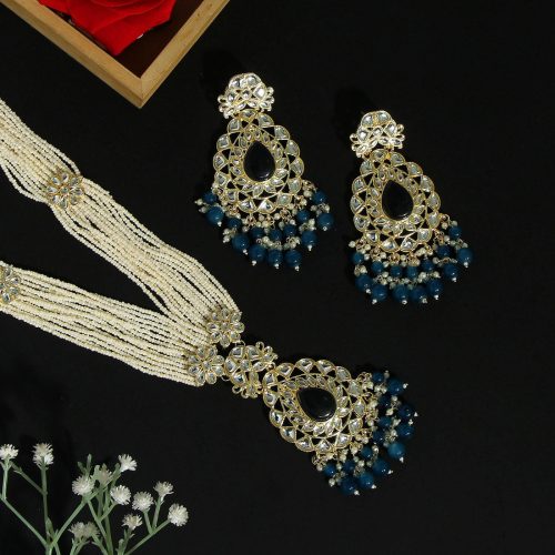 Turquoise Blue Color Long Kundan Necklace Set