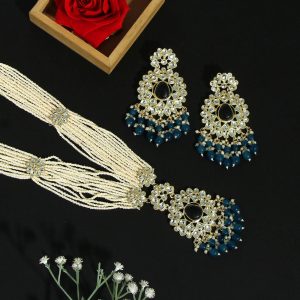 Turquoise Blue Color Long Kundan Necklace Set-0