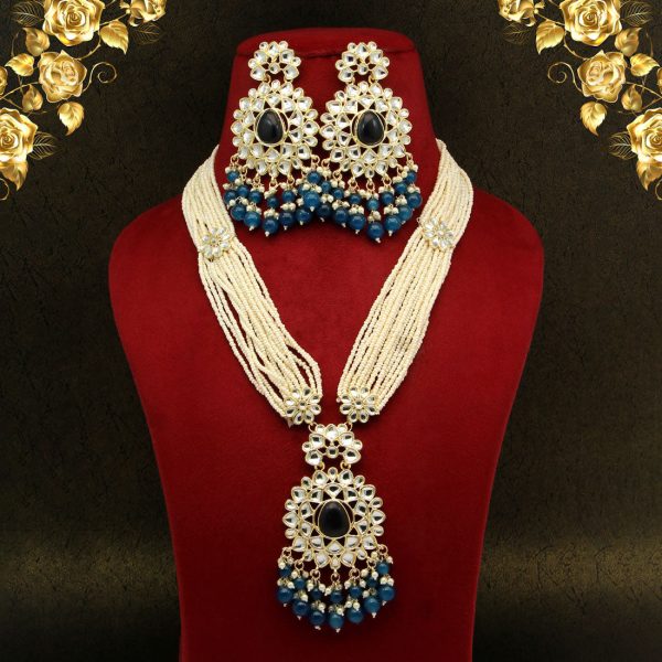 Turquoise Blue Color Long Kundan Necklace Set-3721
