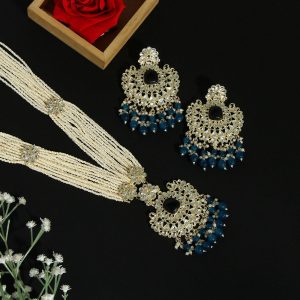 Turquoise Blue Color Long Kundan Necklace Set-0