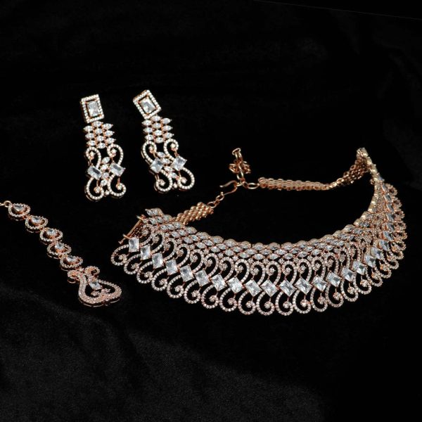 White Color American Diamond Rose Gold Necklaces Set-0
