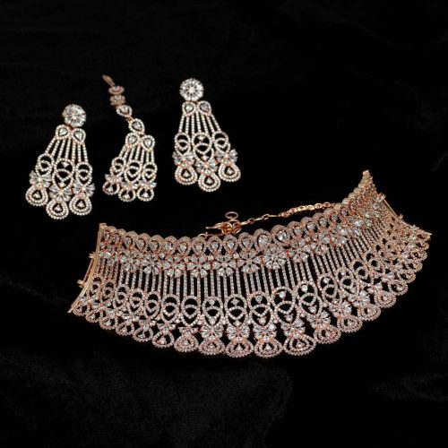 White Color American Diamond Rose Gold Necklaces Set