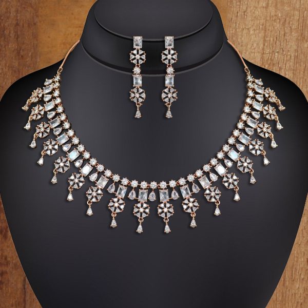 White Color American Diamond Rose Gold Necklaces Set-10377