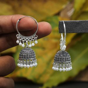 White Color Beads Oxidised Earrings-0