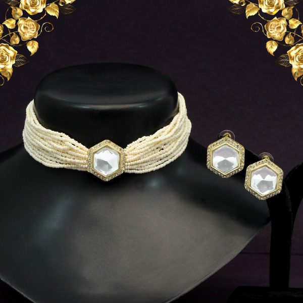 White Color Choker Kundan Necklace Set-3745