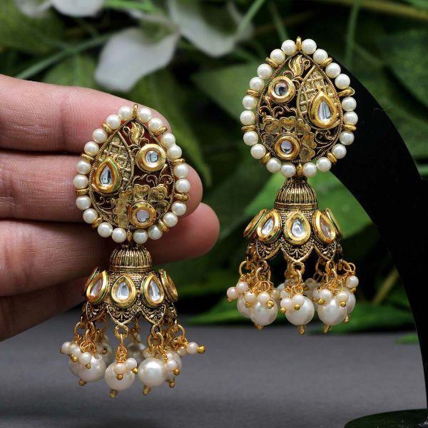 White Color Glass Stone Antique Earrings-0