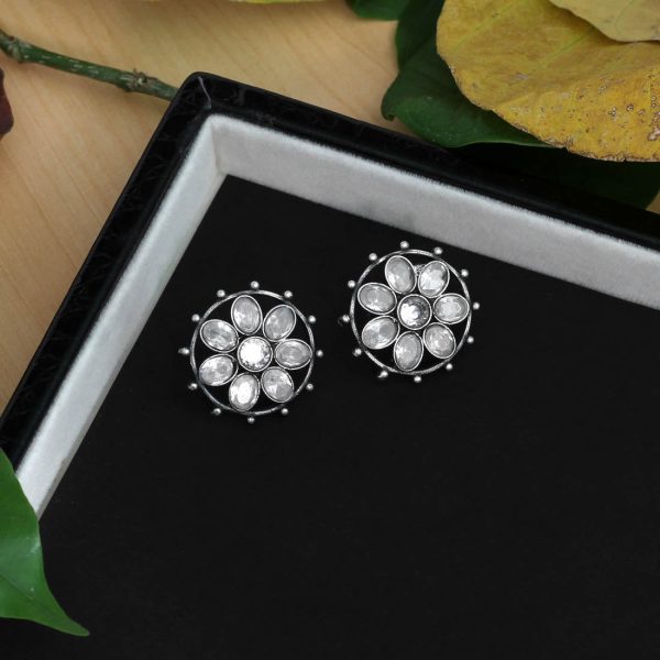 White Color Glass Stone Oxidised Earrings-16099