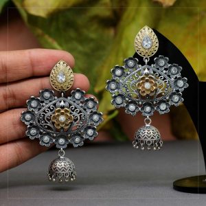 White Color Glass Stone Oxidised Two Tone Earrings-0