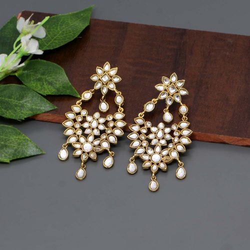 White Color Kundan Dangle Earrings