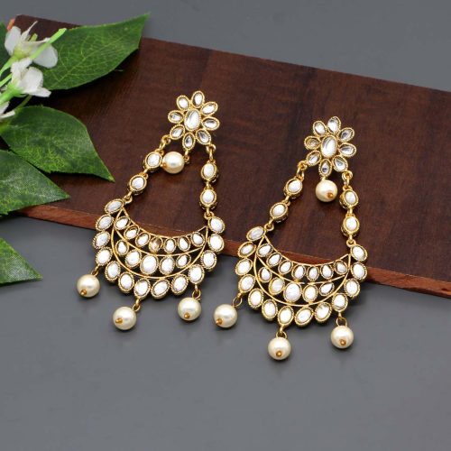 White Color Kundan Dangle Earrings