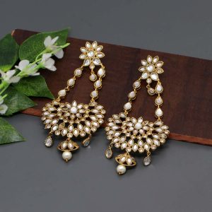 White Color Kundan Dangle Earrings-0