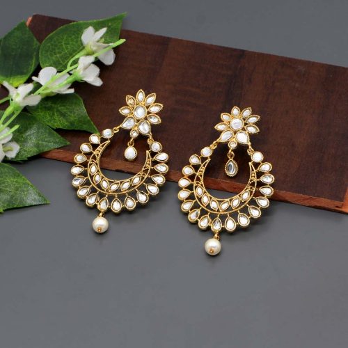 White Color Kundan Dangle Earrings