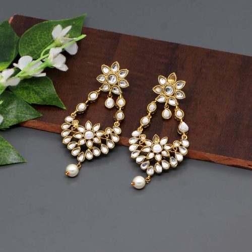 White Color Kundan Dangle Earrings