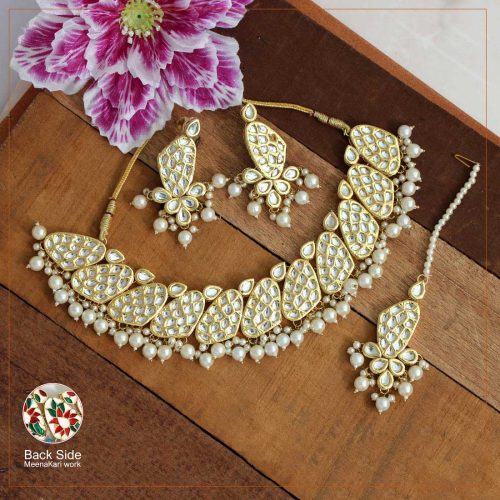 White Color Kundan Meena Necklace Set