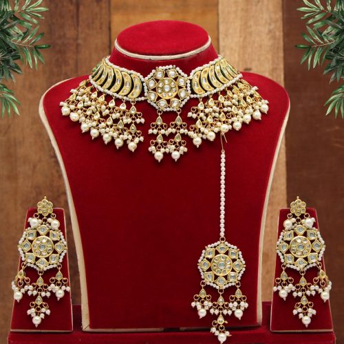 White Color Kundan Meena Necklace Set