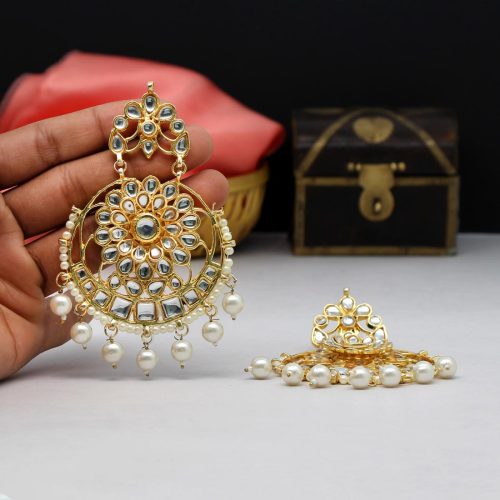 White Color Kundan Meenakari Earrings