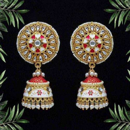 White Color Kundan Meenakari Earrings