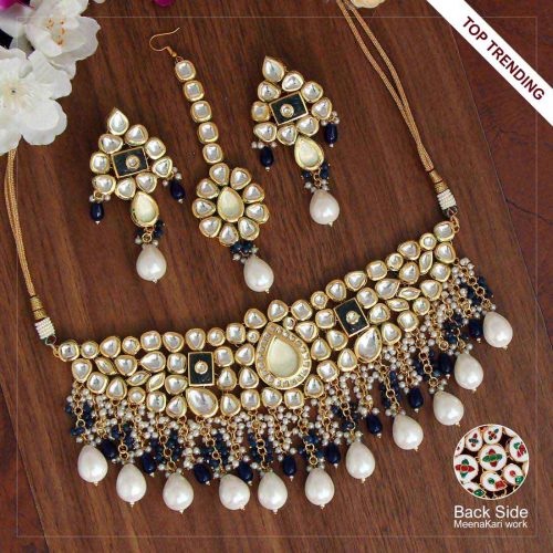 White Color Kundan Mint Meena Necklace Set