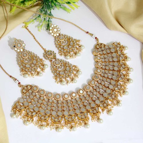 White Color Kundan Mirror Necklaces Set