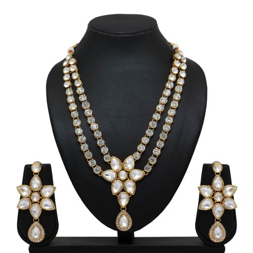 White Color Kundan Necklace With Earrings For Women