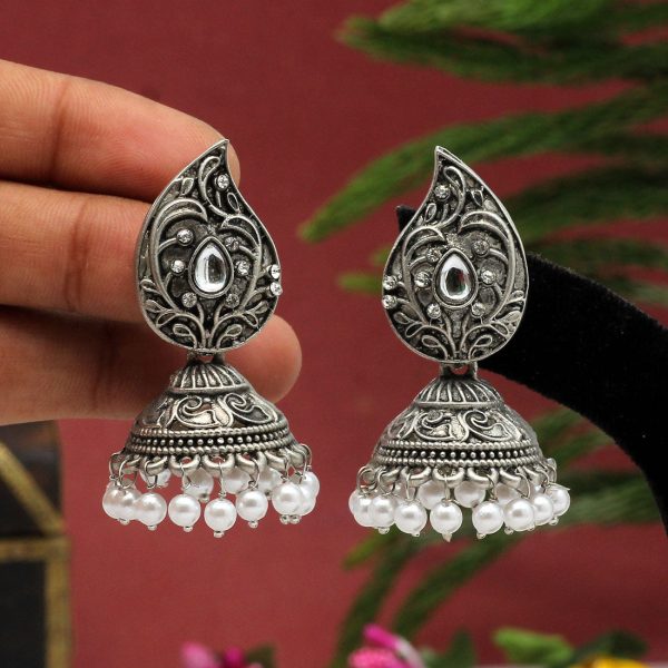 White Color Oxidised Earrings-3405