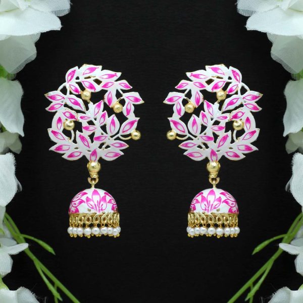 White & Pink Color Beads Meenakari Earrings-0